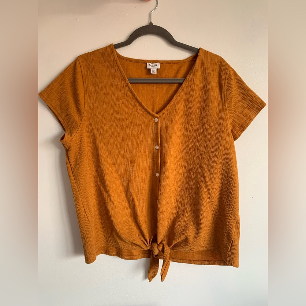 JCrew Deep Orange Knotted Textured Top | women’s fall short sleeve top